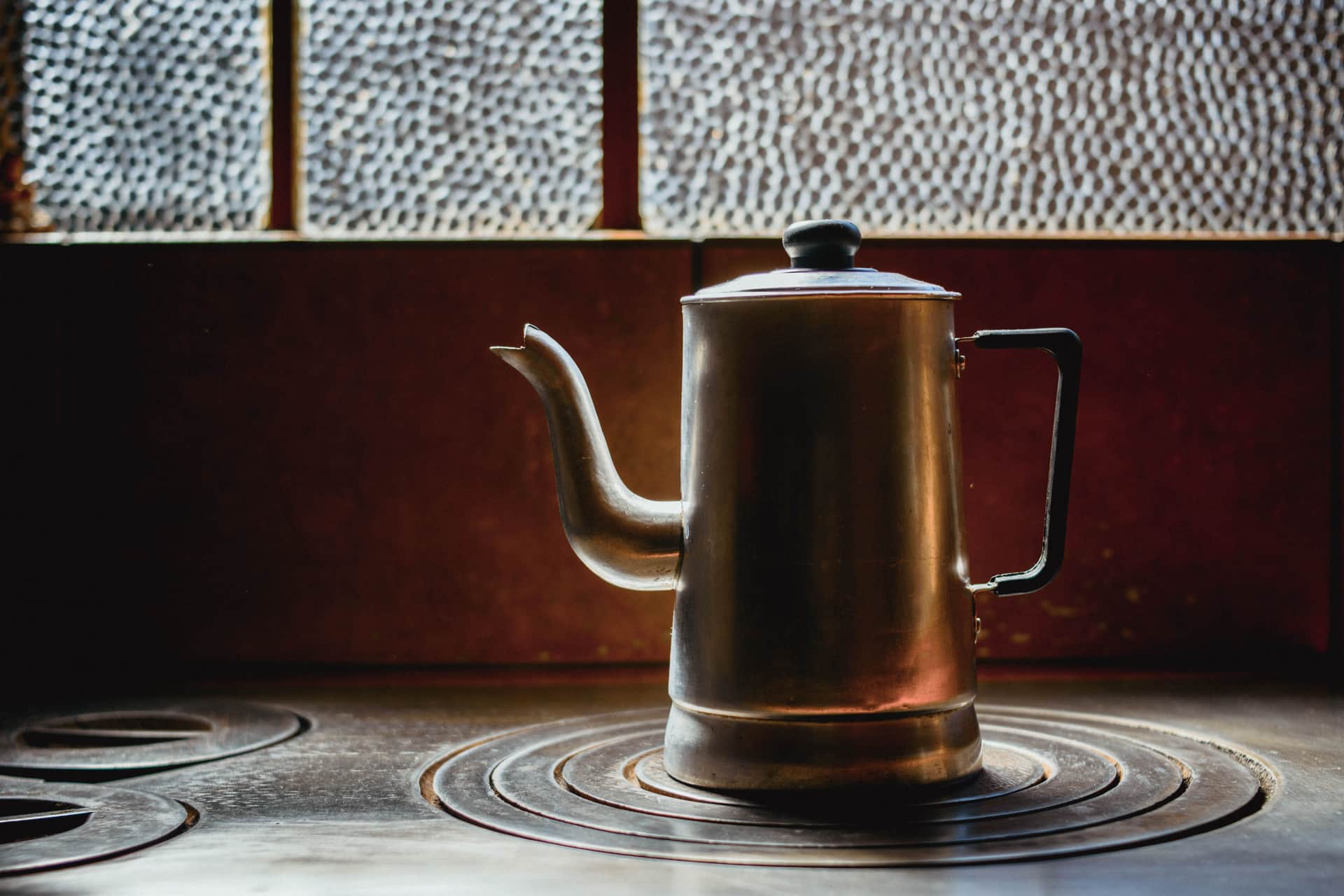 Close-up of an enameled kettle surface
