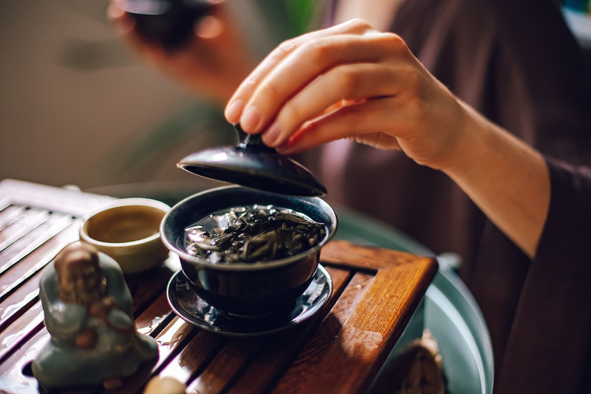 Rolled oolong leaves opening in a lidded bowl